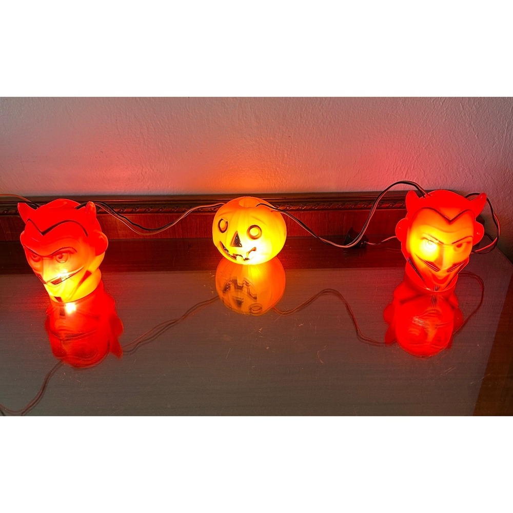 Vtg Peerless Halloween Blow Mold String Lights Devil Pumpkin Red Orange Decor